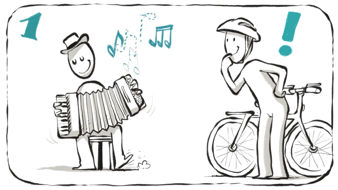 Illustration: Eine Person spielt Akkordeon, eine andere mit Fahrrad hört neugierig zu. Musikalische Noten und ein Ausrufezeichen symbolisieren Interesse und Aufmerksamkeit.