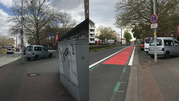 Vorher-nachher-Aufnahme einer Straße mit neu markiertem roten Radstreifen und angepasstem Parkbereich.