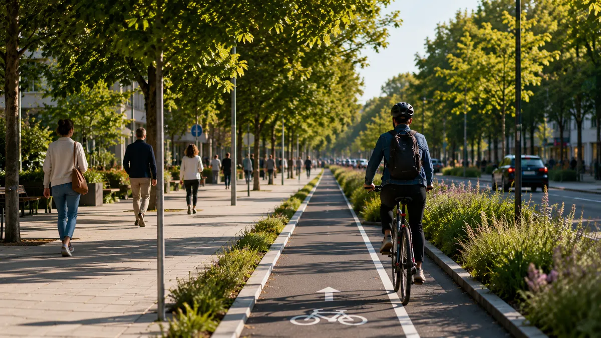 Eine Radfahrerin fährt auf einem Radweg unter einer Baumallee.