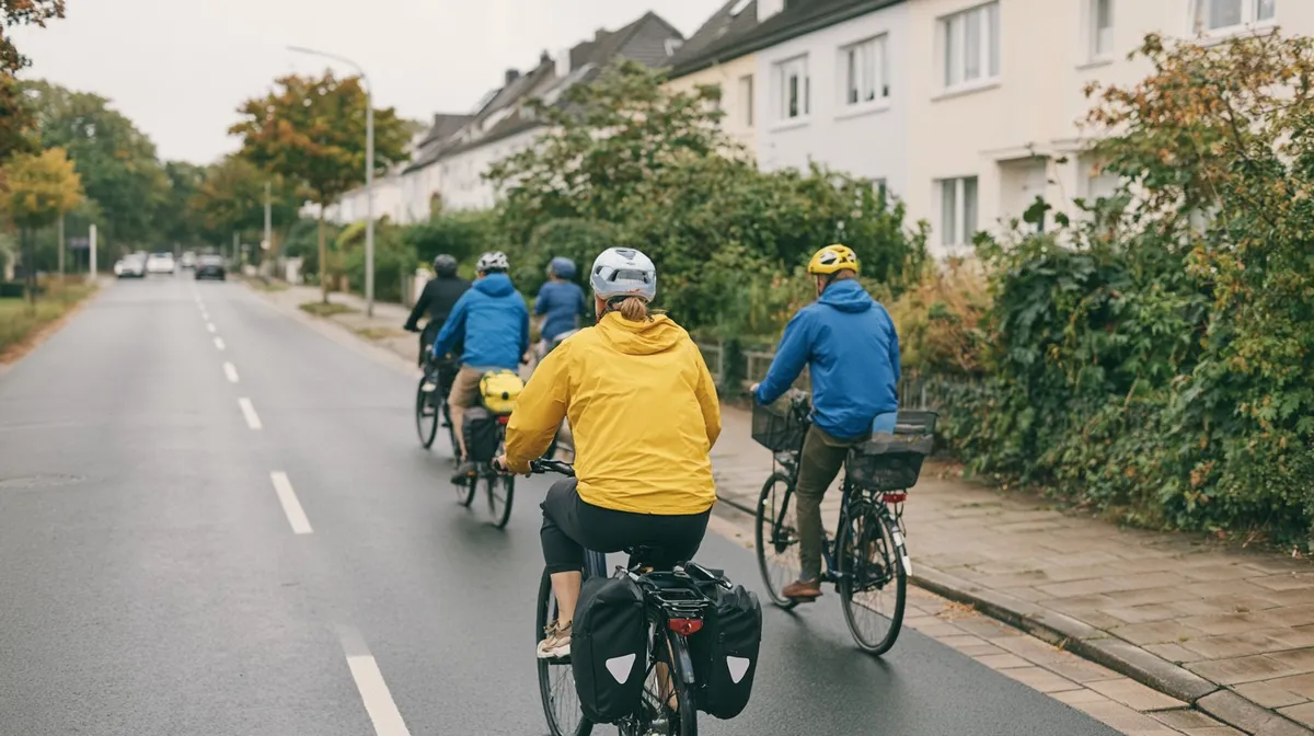Eine Gruppe Radfahrender fährt, von hinten gesehen, eine Wohnstraße entlang.