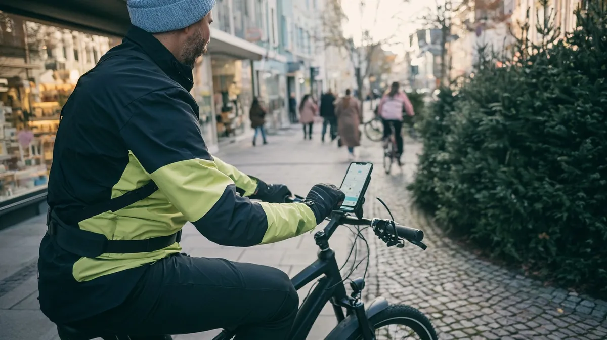 Ein Radfahrer mit Smartphone-Halterung am Lenker fährt durch eine Geschäftsstraße.