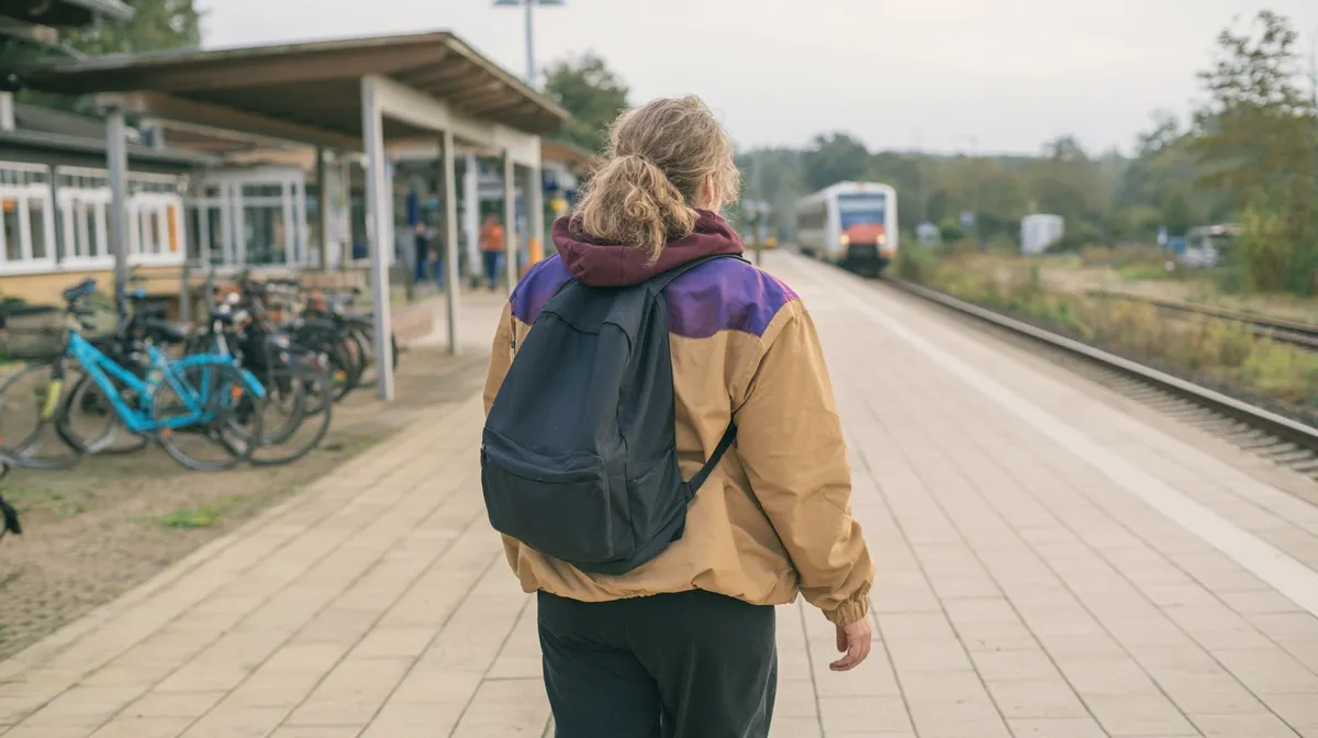 Eine Person mit Rucksack geht über den Bahnsteig auf einen einfahrenden Regionalzug zu, links stehen Fahrräder.