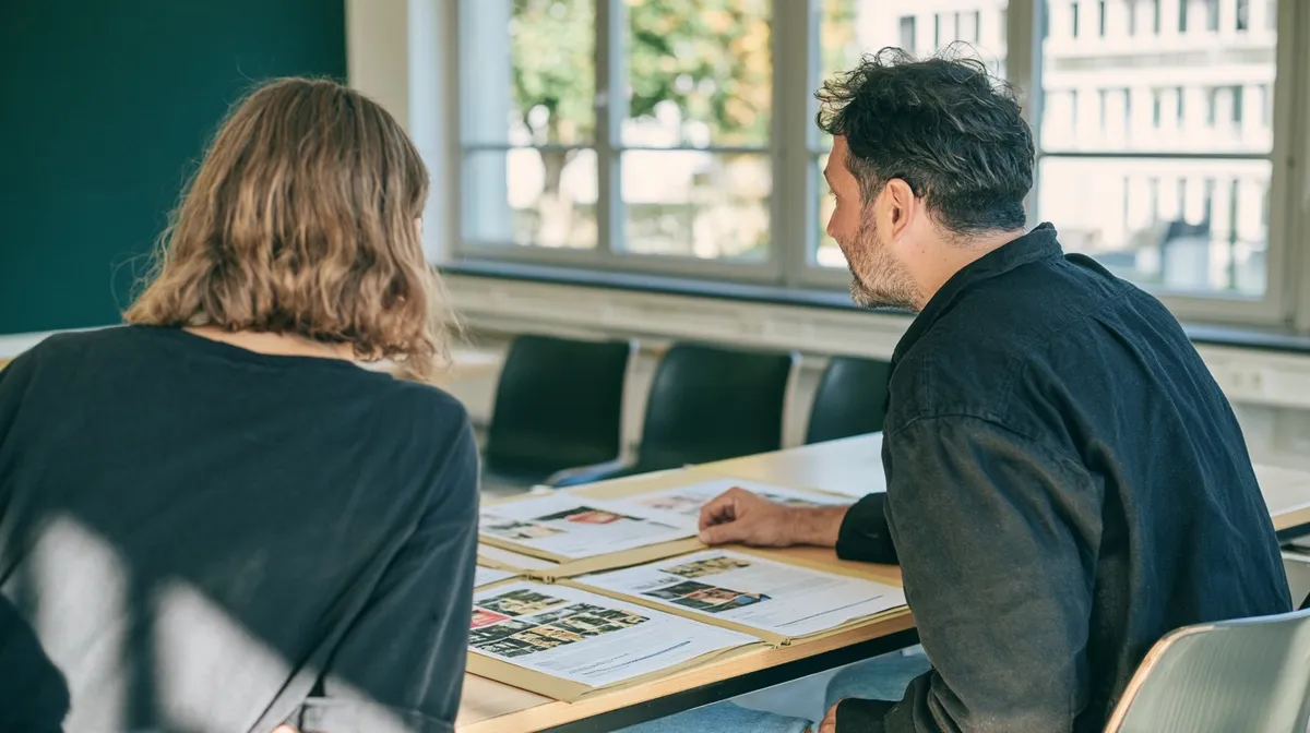 Zwei Personen sitzen an einem Besprechungstisch und beugen sich über ausgebreitete Unterlagen.