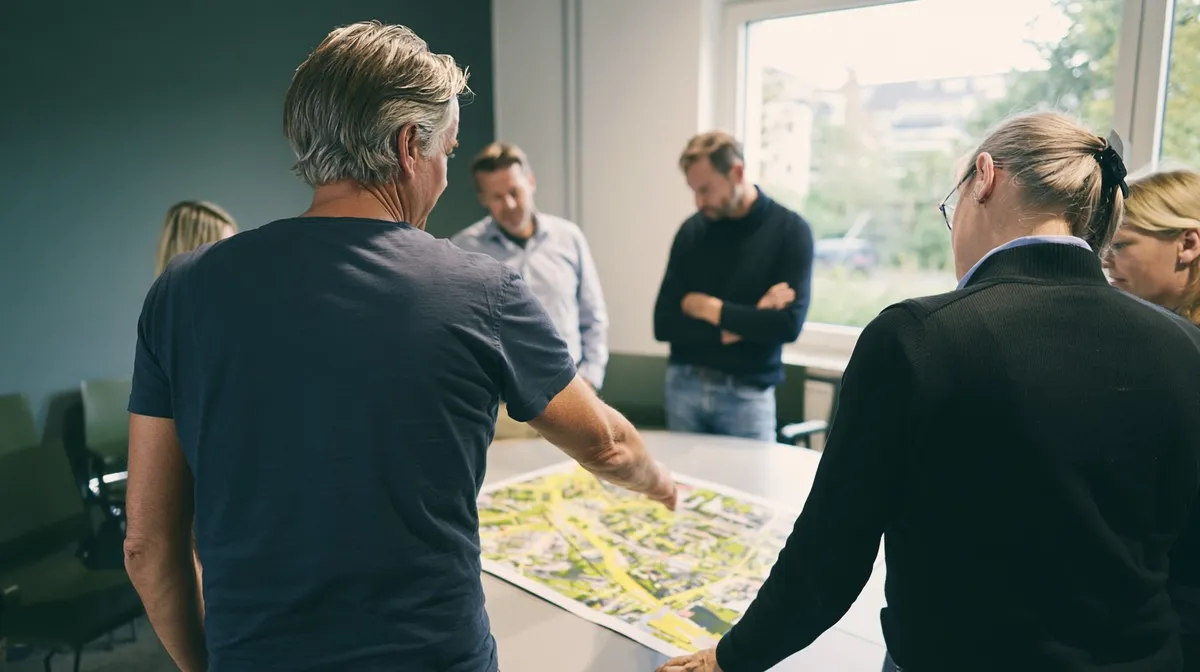 Mehrere Personen stehen um einen Tisch und besprechen einen ausgebreiteten Plan.