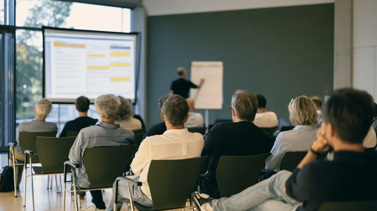 Blick aus der letzten Reihe in einen Seminarraum, vorn eine Präsentation und ein Flipchart.