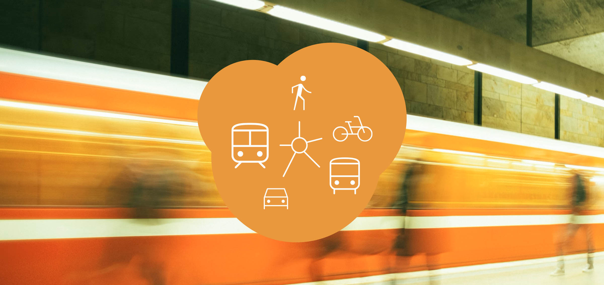 Titelbild des Projektes "Nahmobilität", mit verschiedenen Mobilitätsangeboten, wie Auto, Fußgänger*innen, Zug und Fahrrad