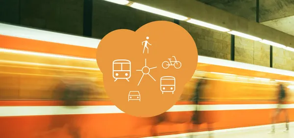 Titelbild des Projektes "Nahmobilität", mit verschiedenen Mobilitätsangeboten, wie Auto, Fußgänger*innen, Zug und Fahrrad