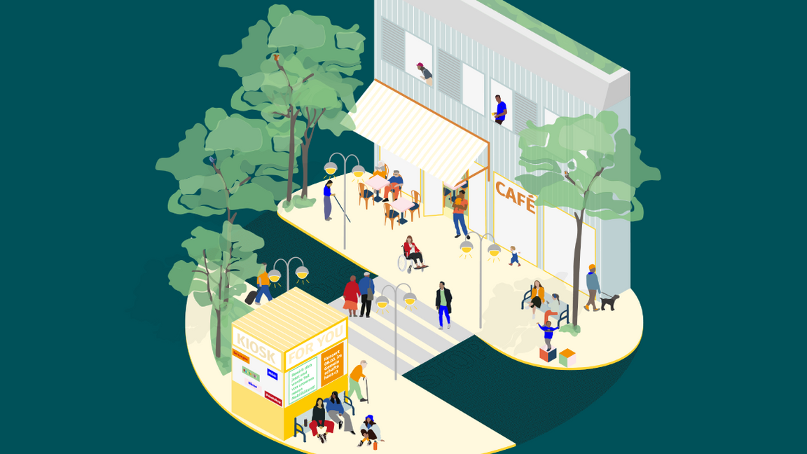 Isometrische Illustration eines belebten Stadtviertels mit Café, Kiosk, Bäumen und Menschen im öffentlichen Raum.