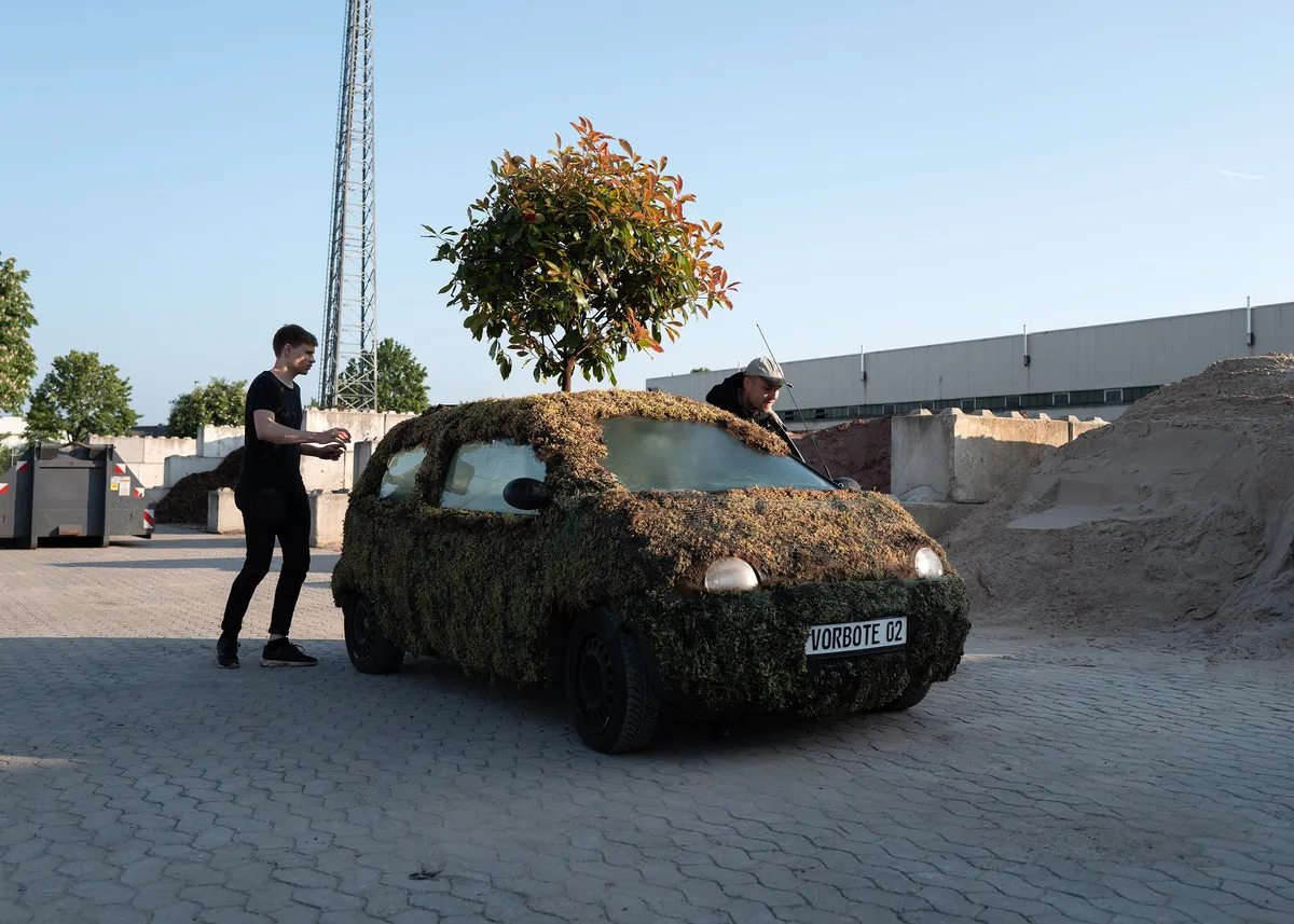 Eine Person fotografiert das begrünte Auto mit Baum.