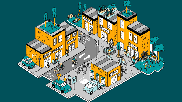 Illustration eines nachhaltigen Stadtquartiers mit Fahrrädern, E-Autos, begrünten Dächern und Menschen im öffentlichen Raum.